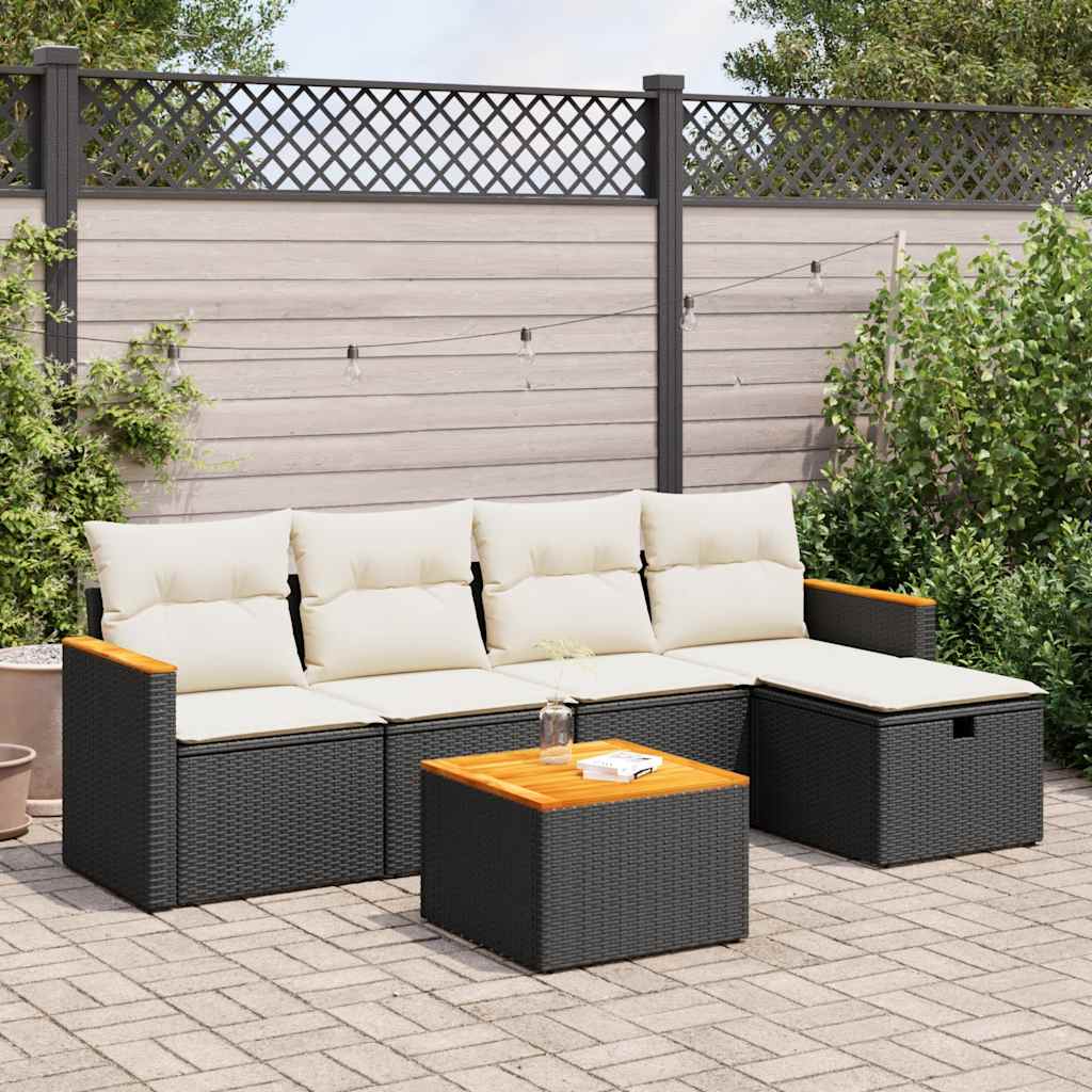 Set Divano da Giardino 6 pz con Cuscini Nero in Polyrattan