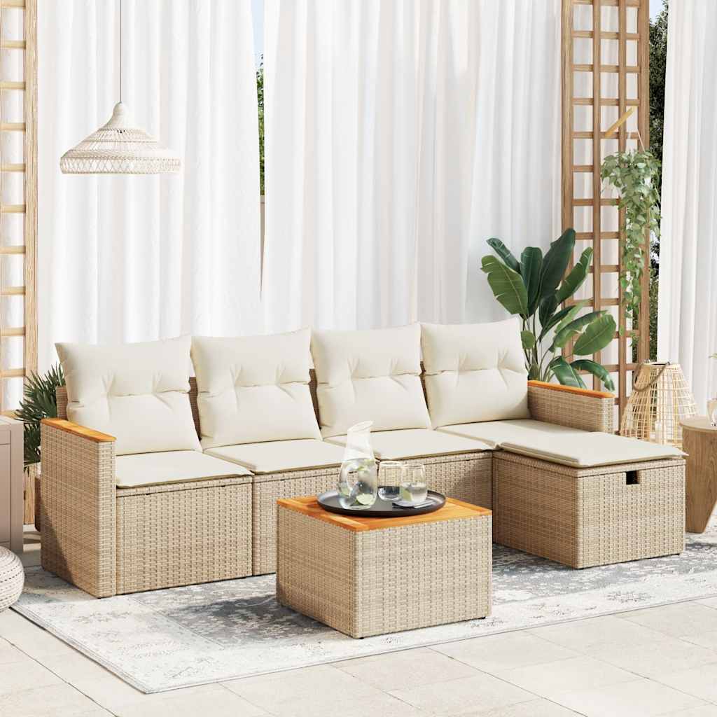 Set Divano da Giardino 6 pz con Cuscini Beige in Polyrattan