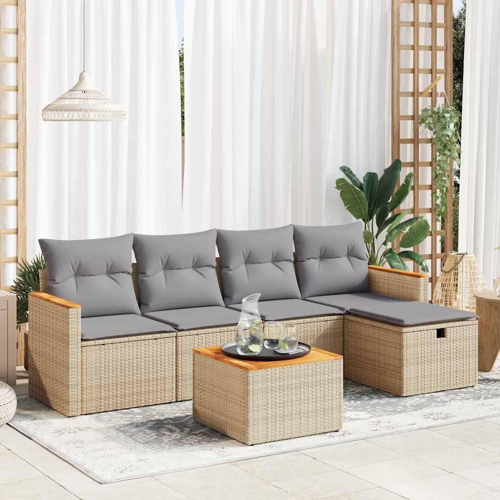 Set Divano da Giardino 6 pz con Cuscini Beige in Polyrattan