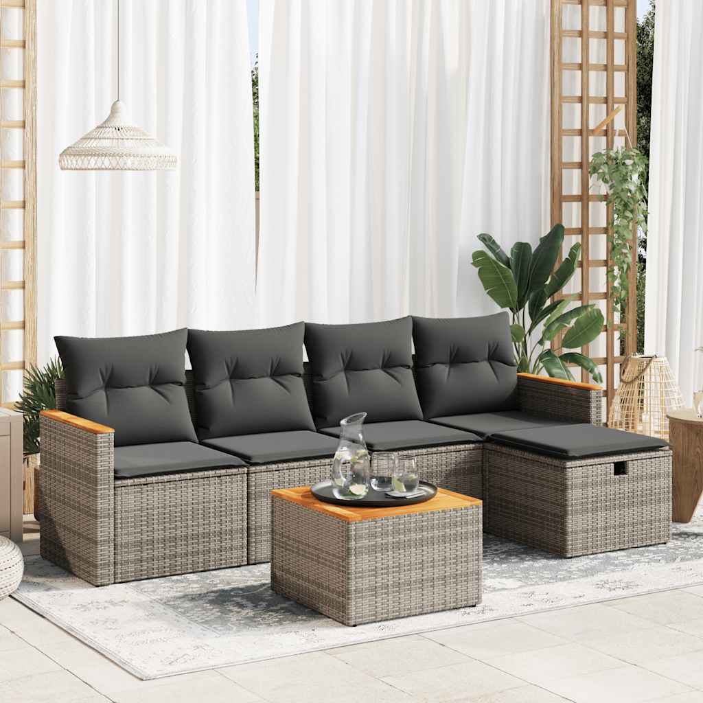 Set Divano da Giardino 6 pz con Cuscini Grigio in Polyrattan