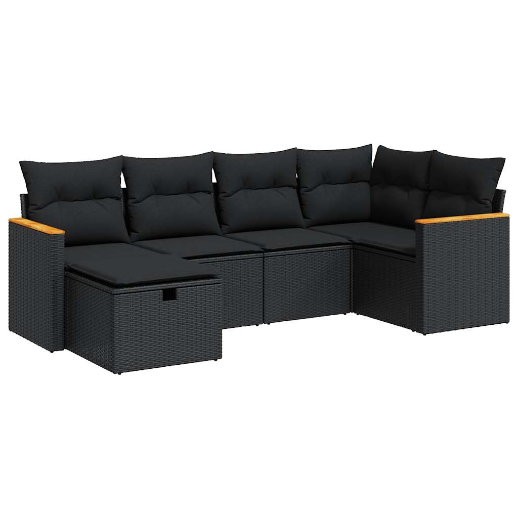 Set Divano da Giardino 6 pz con Cuscini Nero in Polyrattan