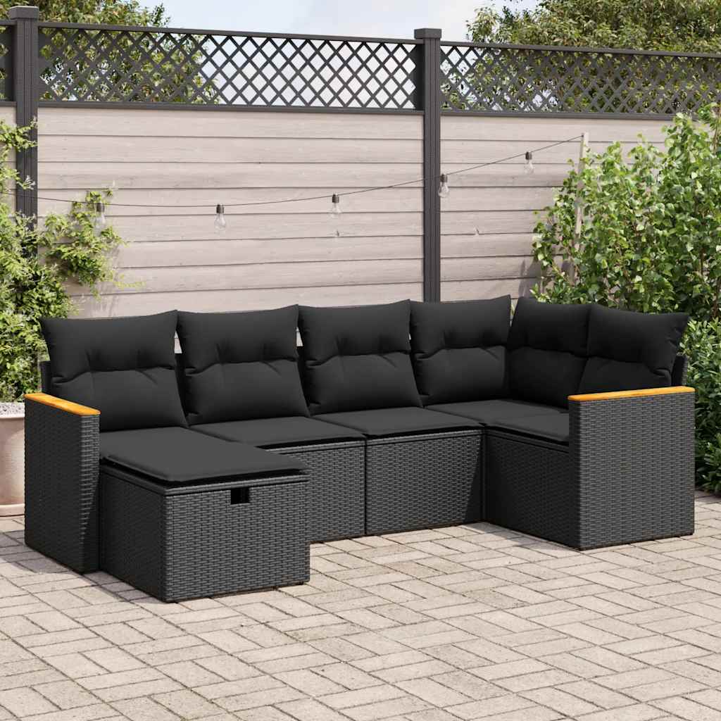 Set Divano da Giardino 6 pz con Cuscini Nero in Polyrattan