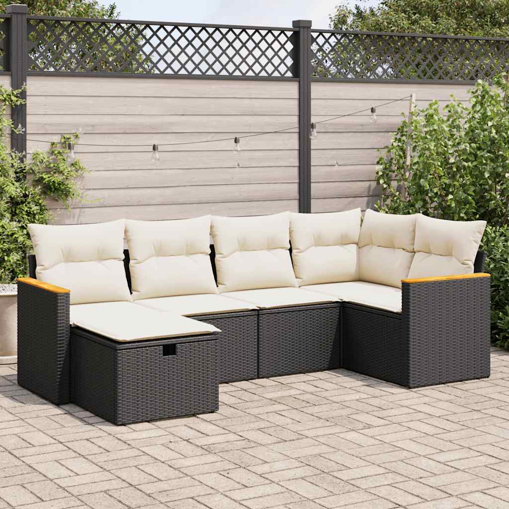 Set Divano da Giardino 6 pz con Cuscini Nero in Polyrattan