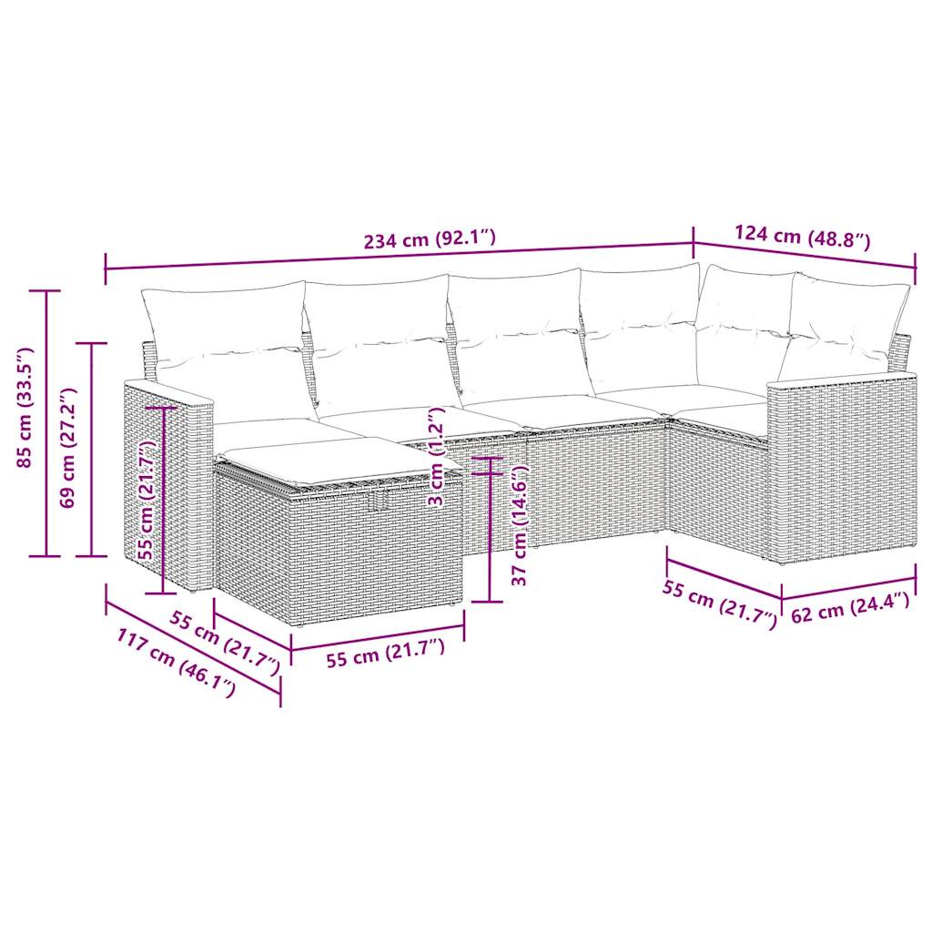 Set Divano da Giardino 6 pz con Cuscini Beige in Polyrattan