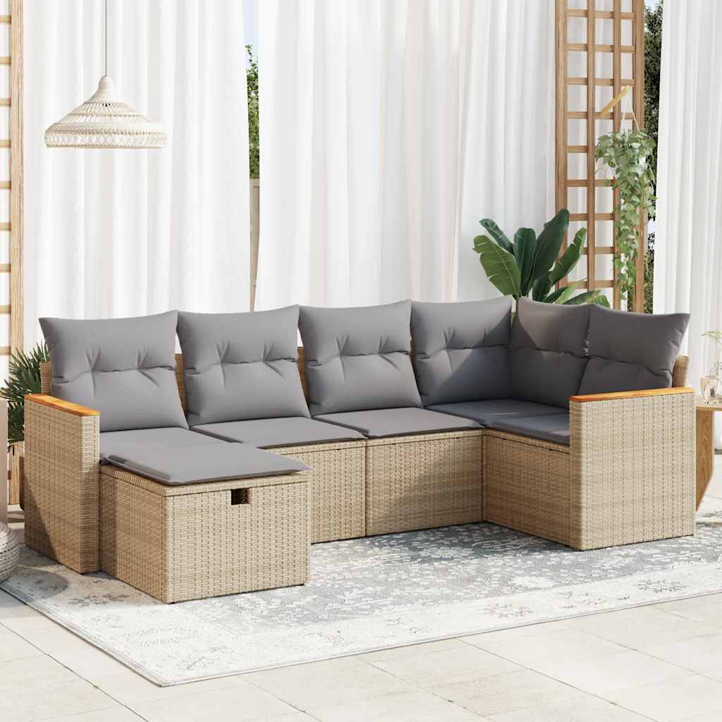 Set Divano da Giardino 6 pz con Cuscini Beige in Polyrattan