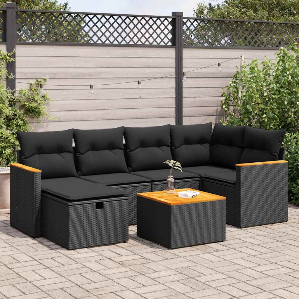 Set Divani da Giardino con Cuscini 7pz Nero Polyrattan