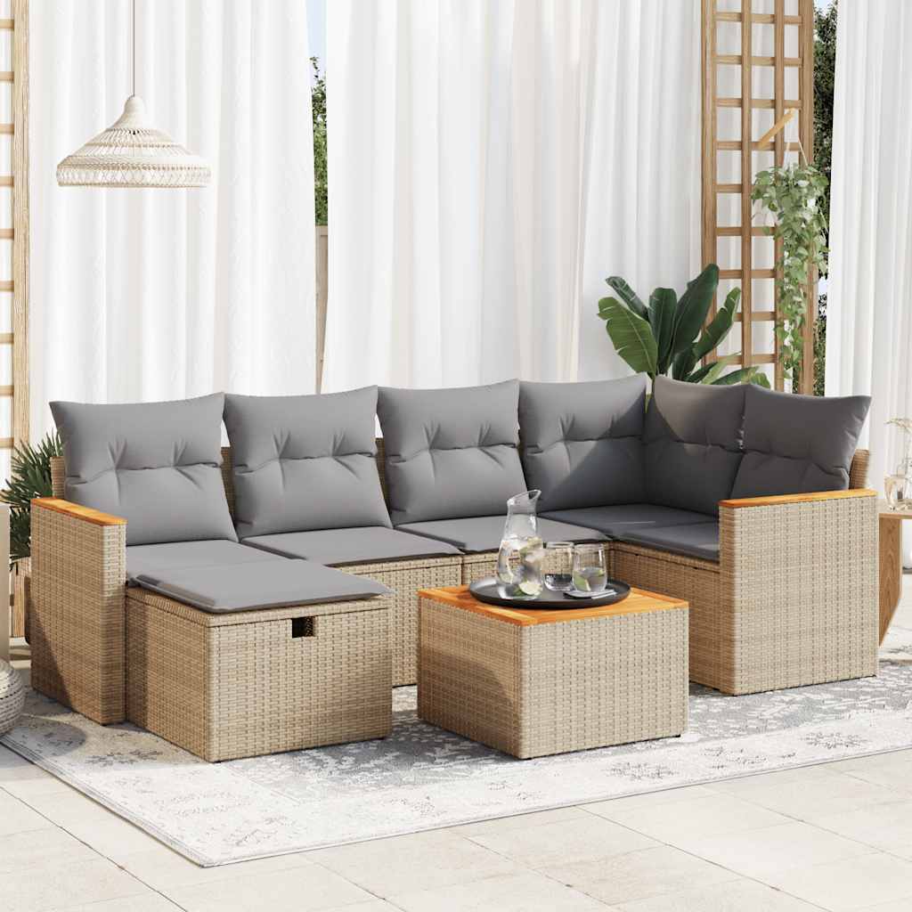 Set Divani da Giardino 7 pz con Cuscini Beige in Polyrattan