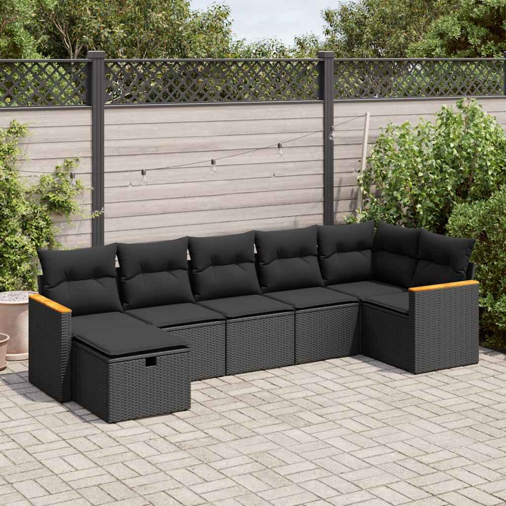 Set Divani da Giardino con Cuscini 7pz Nero Polyrattan