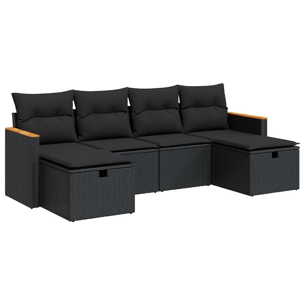 Set Divano da Giardino 6 pz con Cuscini Nero in Polyrattan