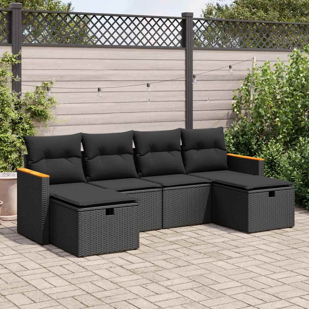 Set Divano da Giardino 6 pz con Cuscini Nero in Polyrattan