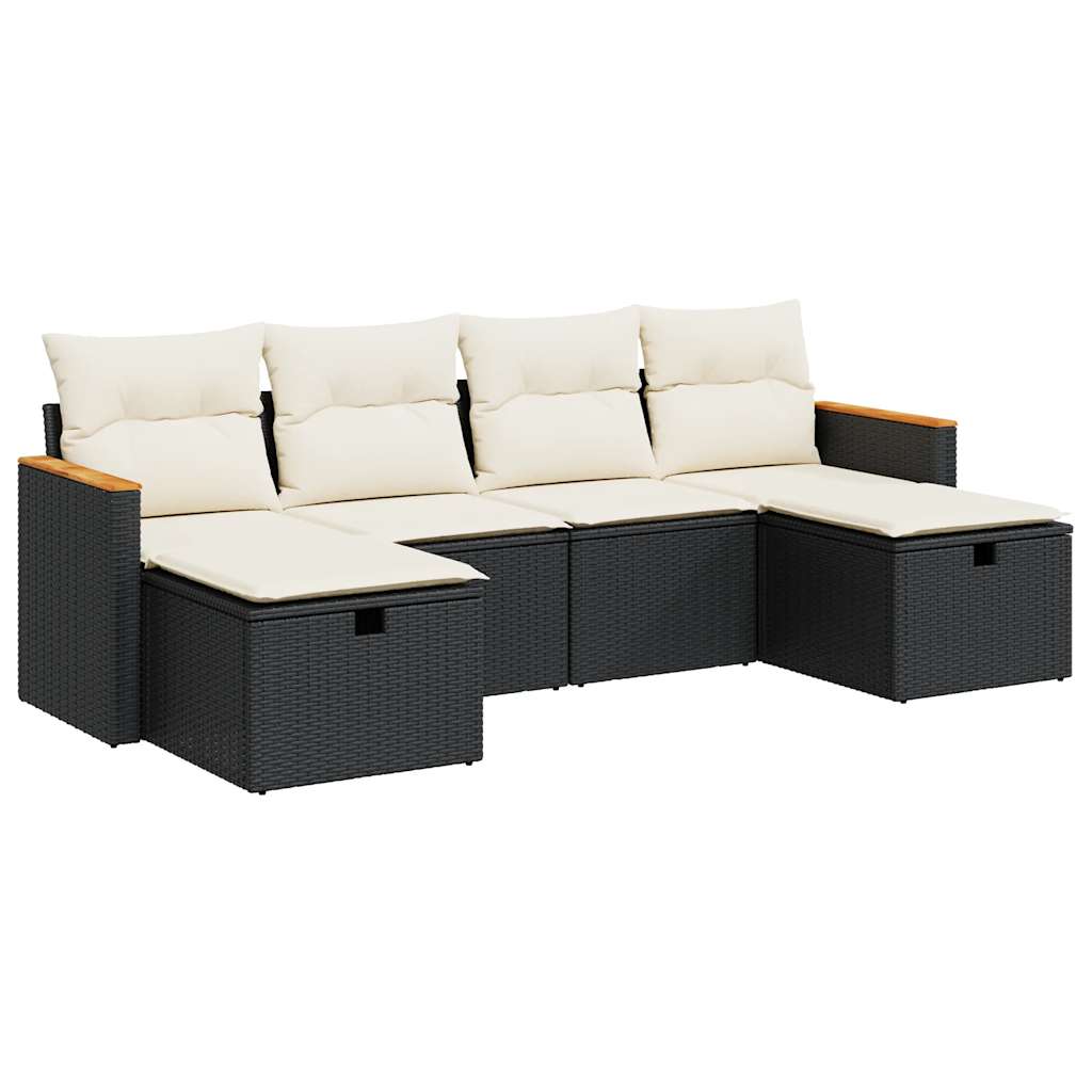 Set Divano da Giardino 6 pz con Cuscini Nero in Polyrattan