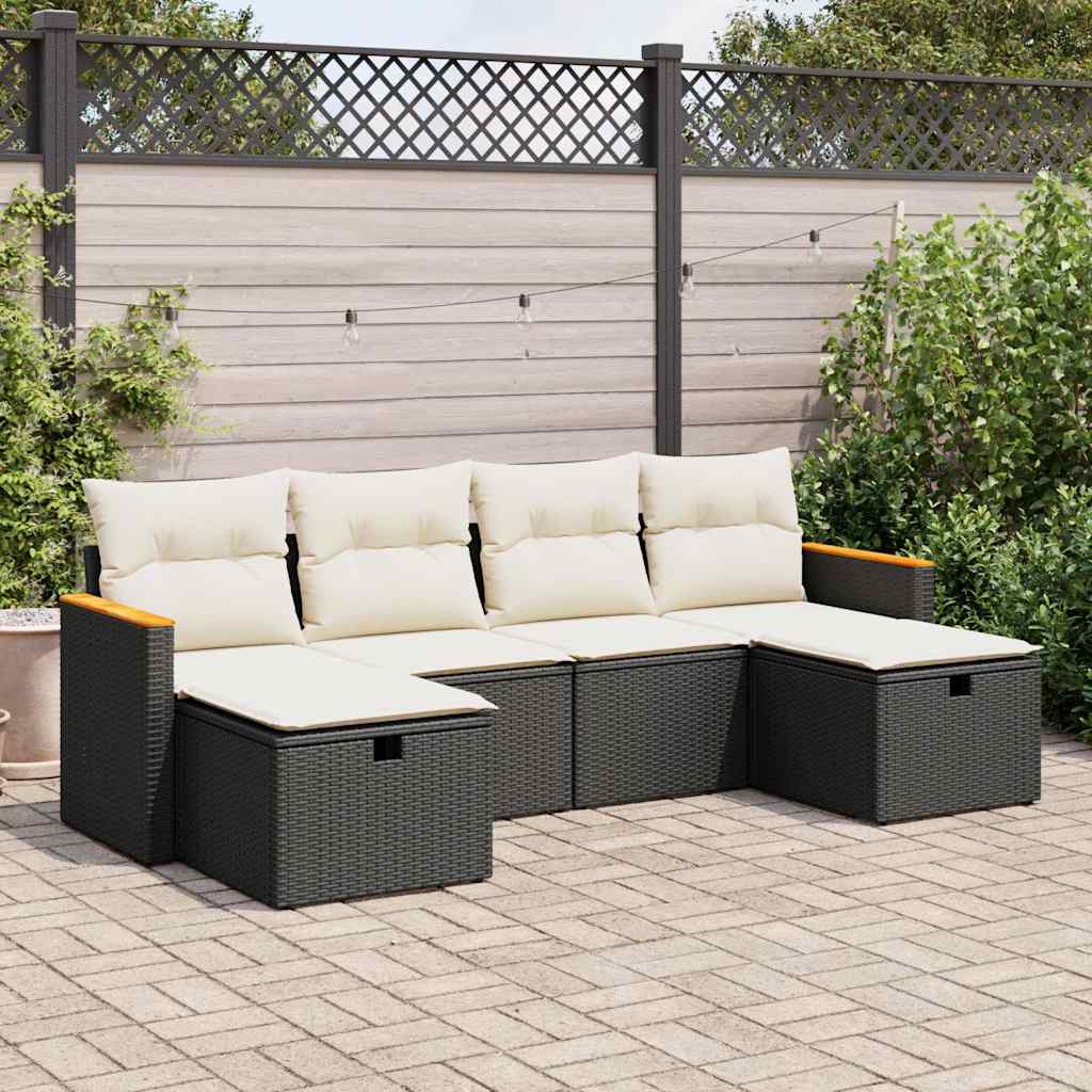 Set Divano da Giardino 6 pz con Cuscini Nero in Polyrattan