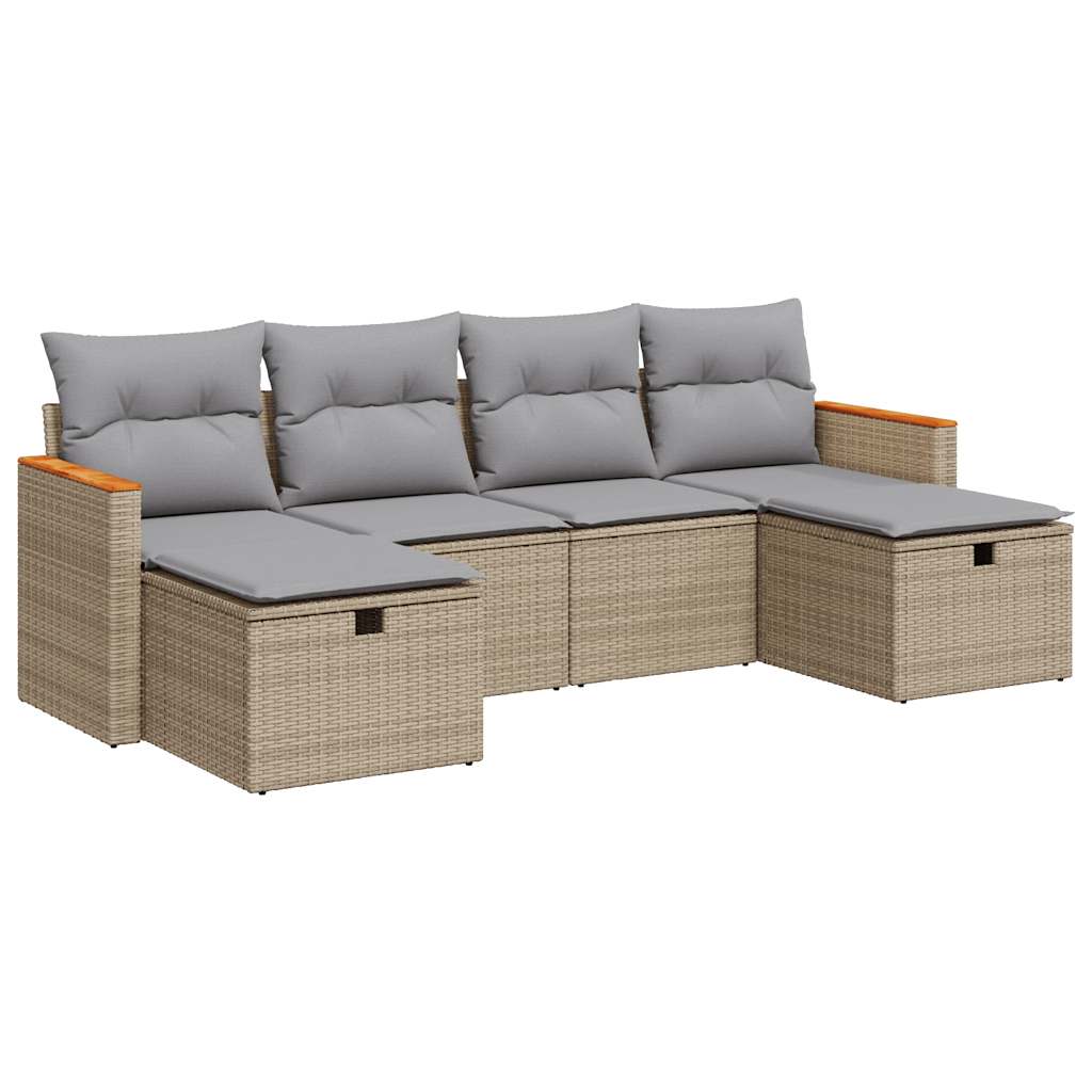 Set Divano da Giardino 6 pz con Cuscini Beige in Polyrattan