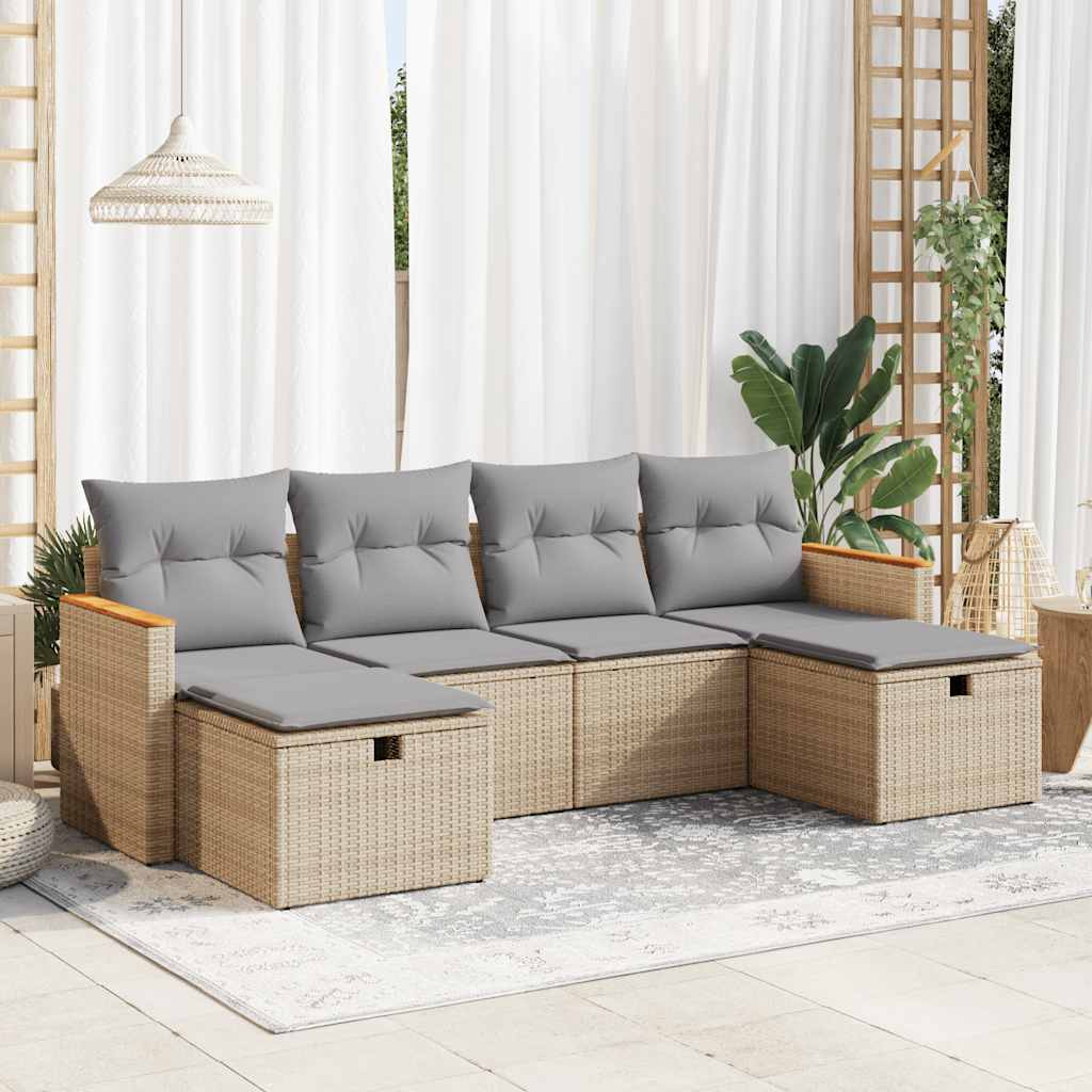 Set Divano da Giardino 6 pz con Cuscini Beige in Polyrattan