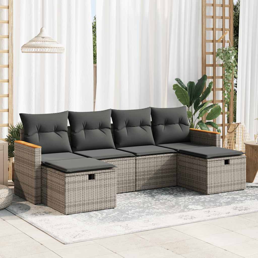 Set Divano da Giardino 6 pz con Cuscini Grigio in Polyrattan