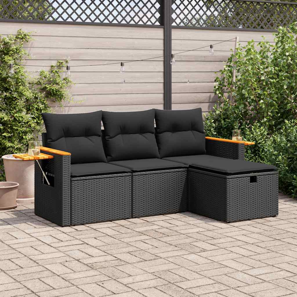 Set Divani da Giardino 4 pz con Cuscini Nero in Polyrattan