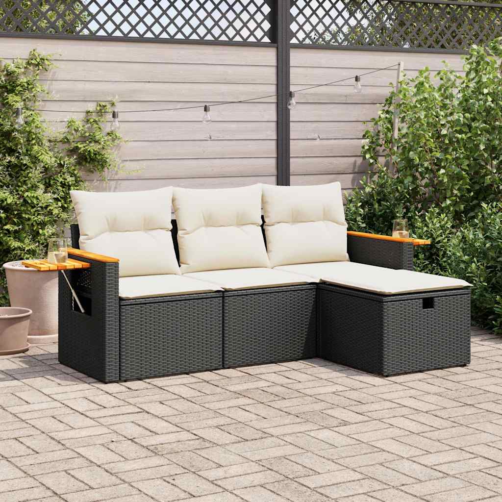 Set Divani da Giardino 4 pz con Cuscini Nero in Polyrattan