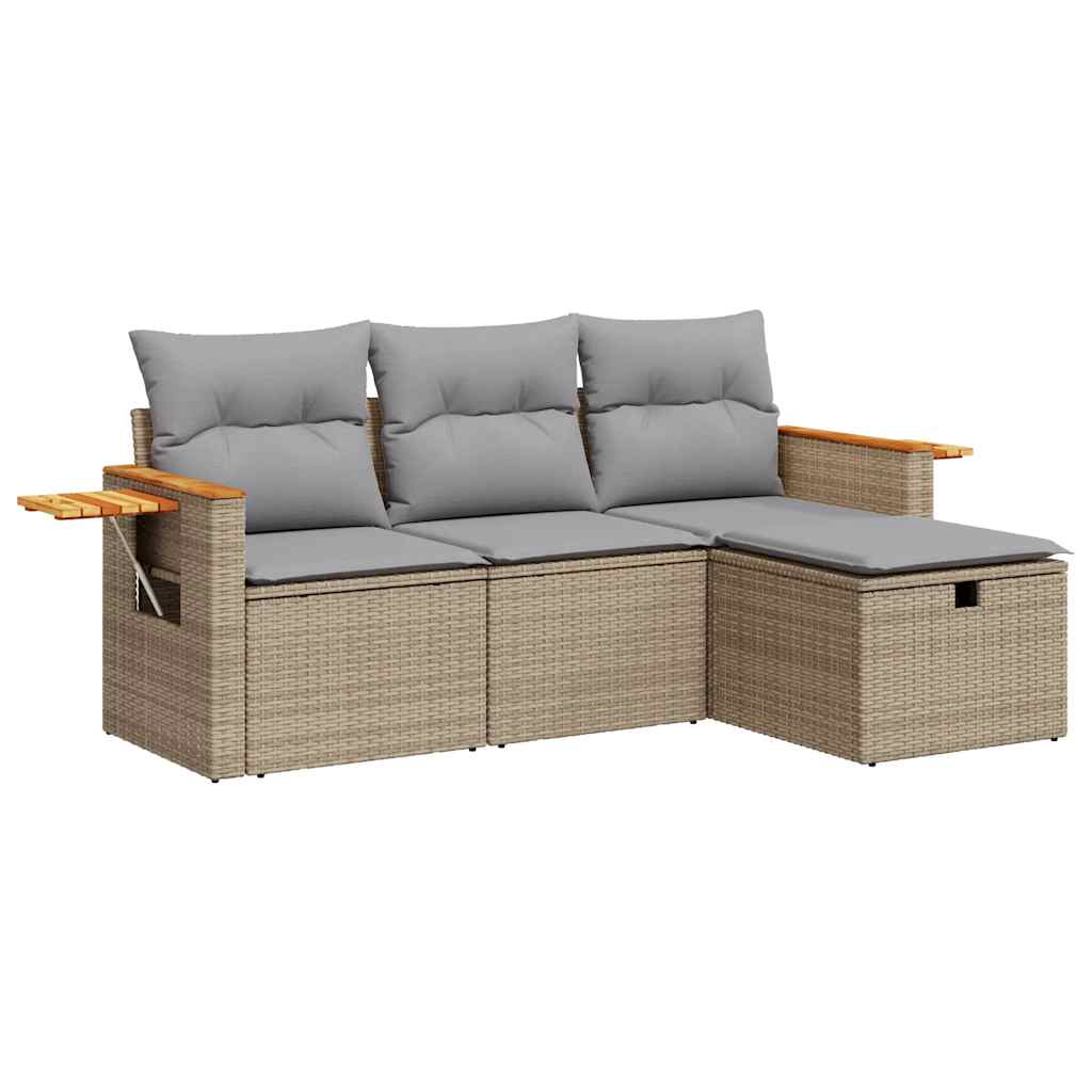 Set Divano da Giardino 4 pz con Cuscini Beige in Polyrattan