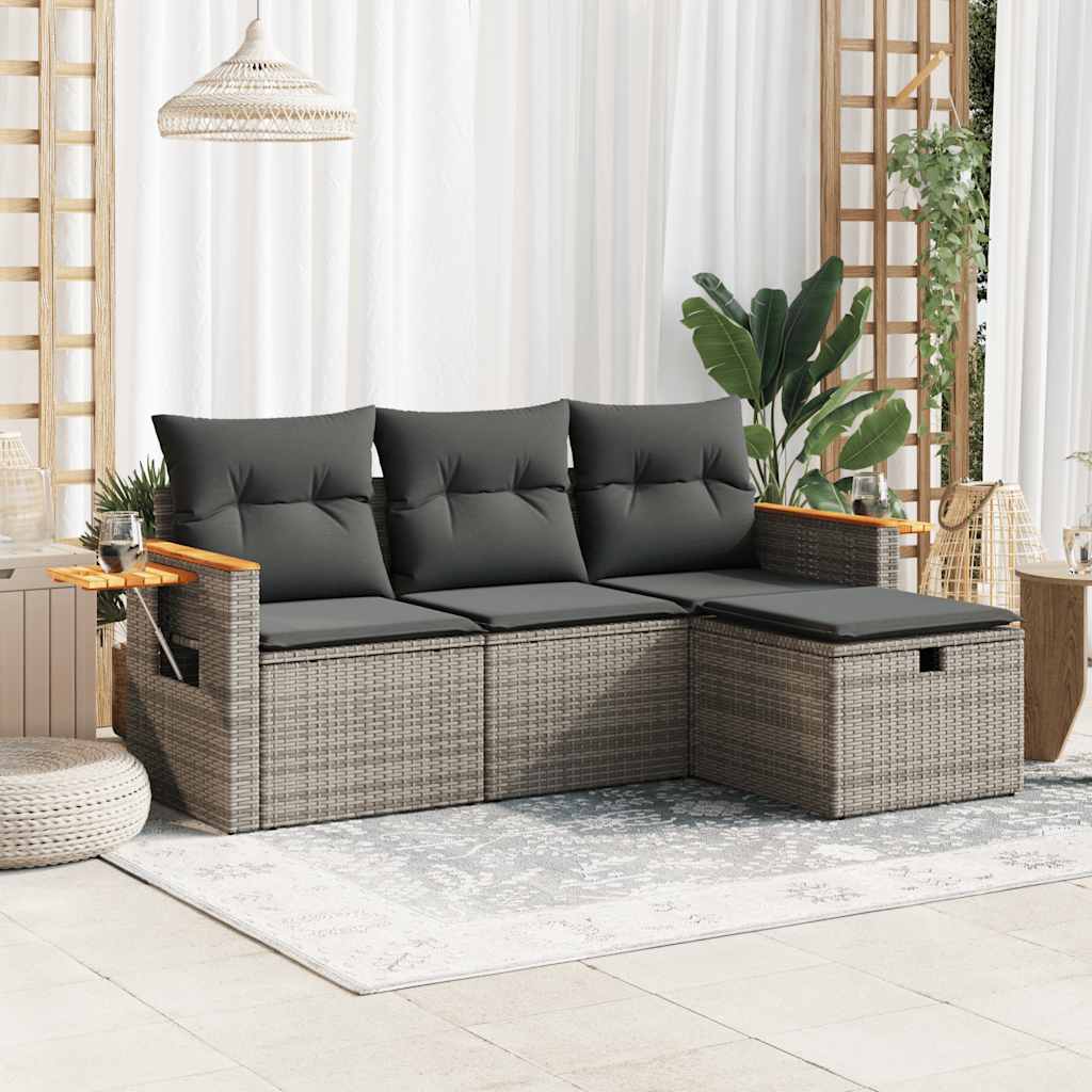 Set Divani da Giardino 4 pz con Cuscini in Polyrattan Grigio