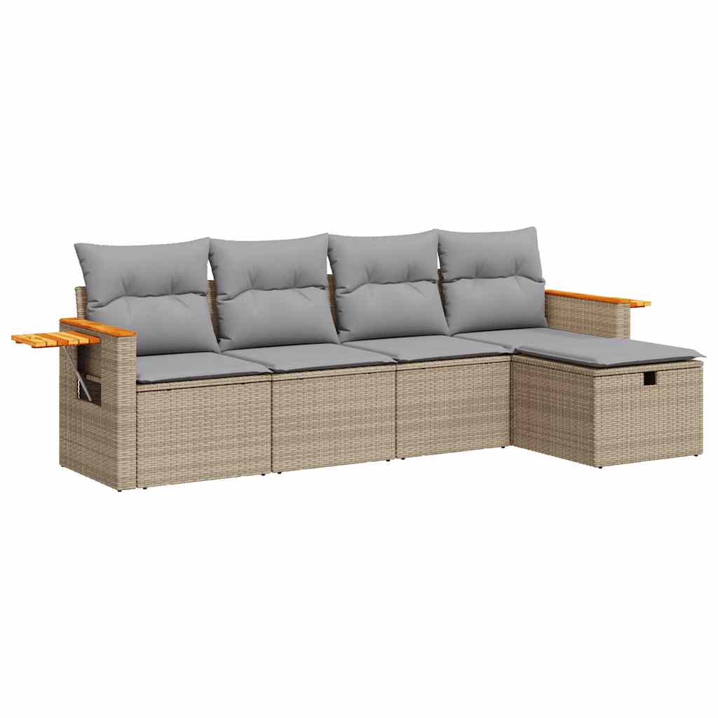 Set Divano da Giardino 5 pz con Cuscini Beige in Polyrattan