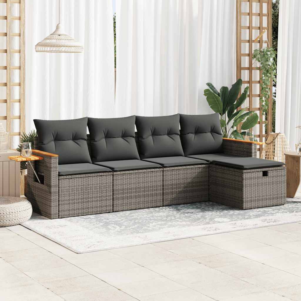 Set Divano da Giardino 5 pz con Cuscini Grigio in Polyrattan