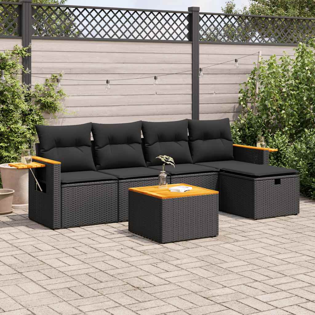 Set Divano da Giardino 6 pz con Cuscini Nero in Polyrattan