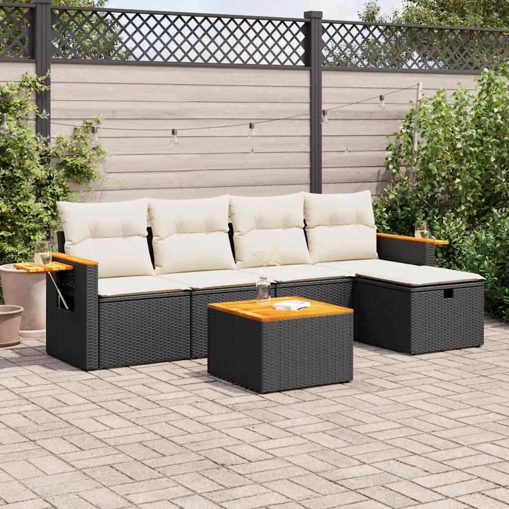 Set Divano da Giardino 6 pz con Cuscini Nero in Polyrattan