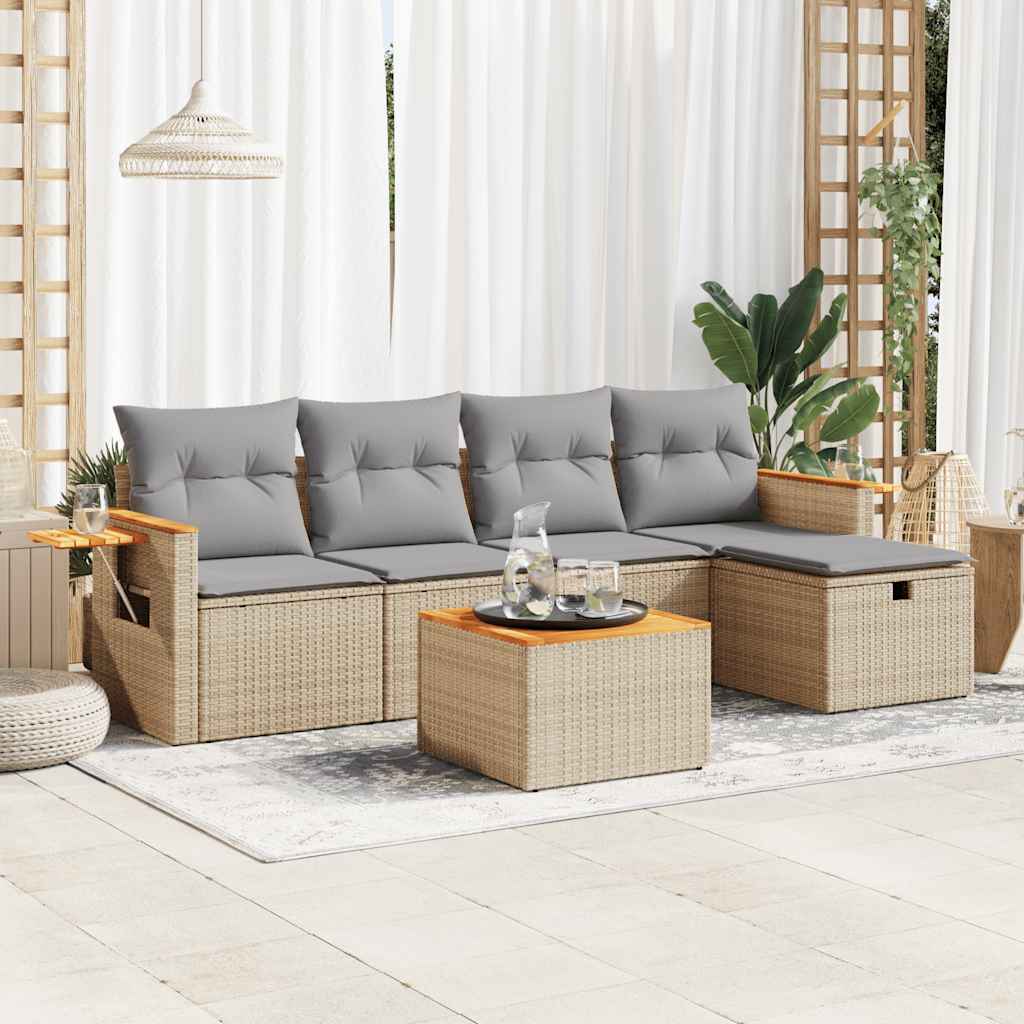 Set Divano da Giardino 6 pz con Cuscini Beige in Polyrattan