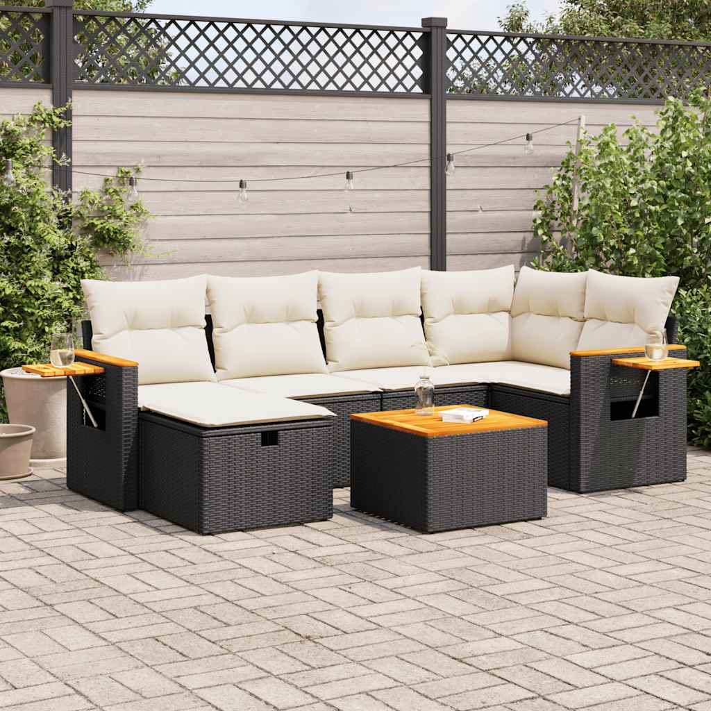 Set Divani da Giardino con Cuscini 7pz Nero Polyrattan