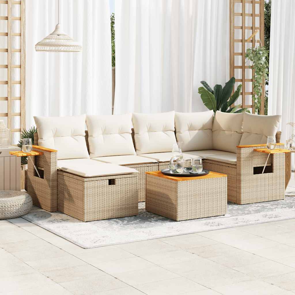 Set Divani da Giardino 7 pz con Cuscini Beige in Polyrattan