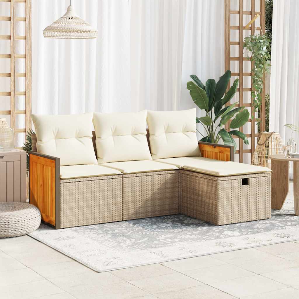 Set Divano da Giardino 4 pz con Cuscini Beige in Polyrattan