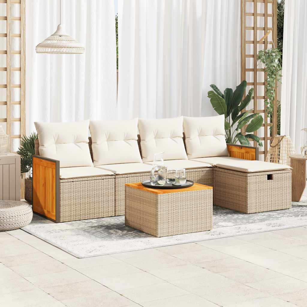 Set Divano da Giardino 6 pz con Cuscini Beige in Polyrattan