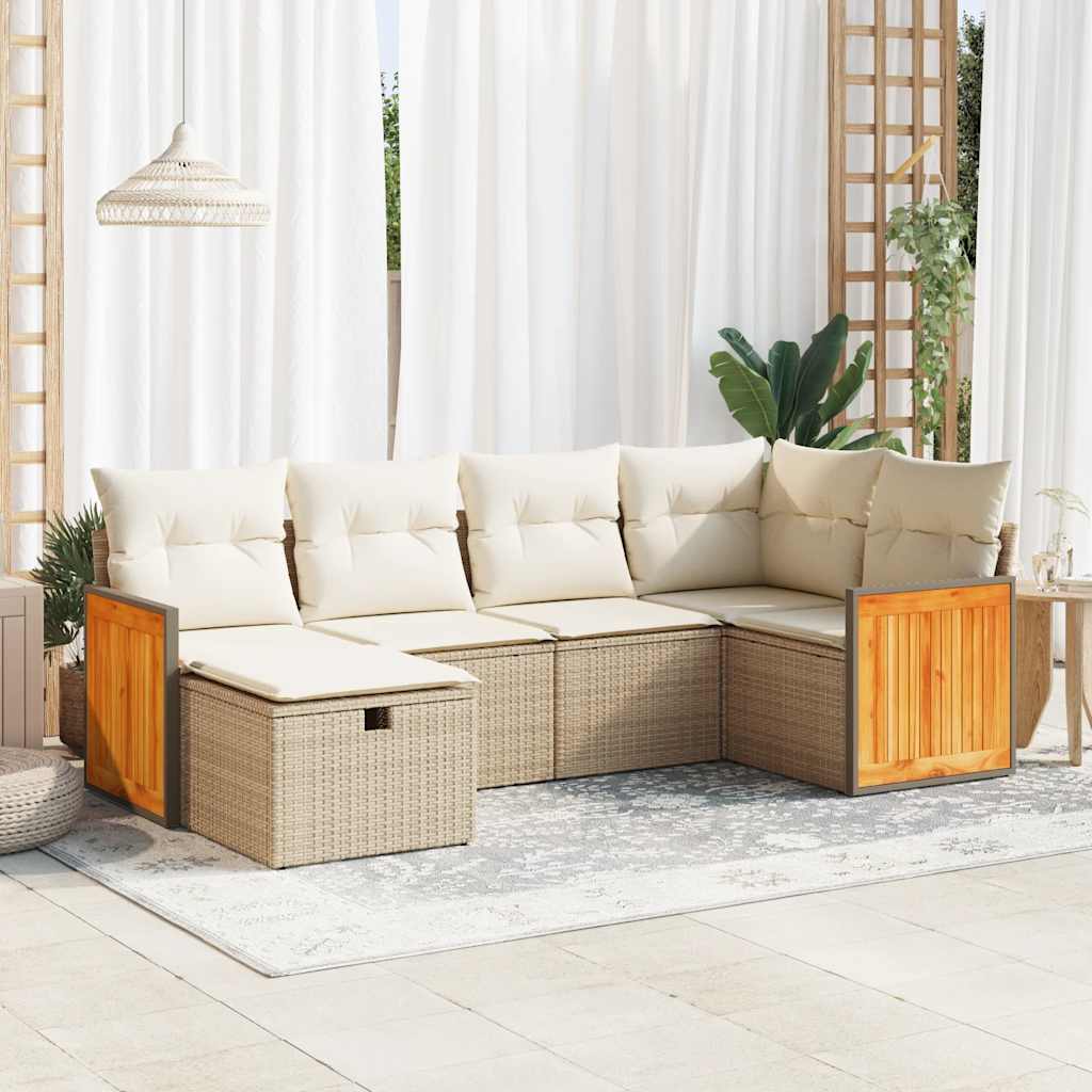 Set Divano da Giardino 6 pz con Cuscini Beige in Polyrattan