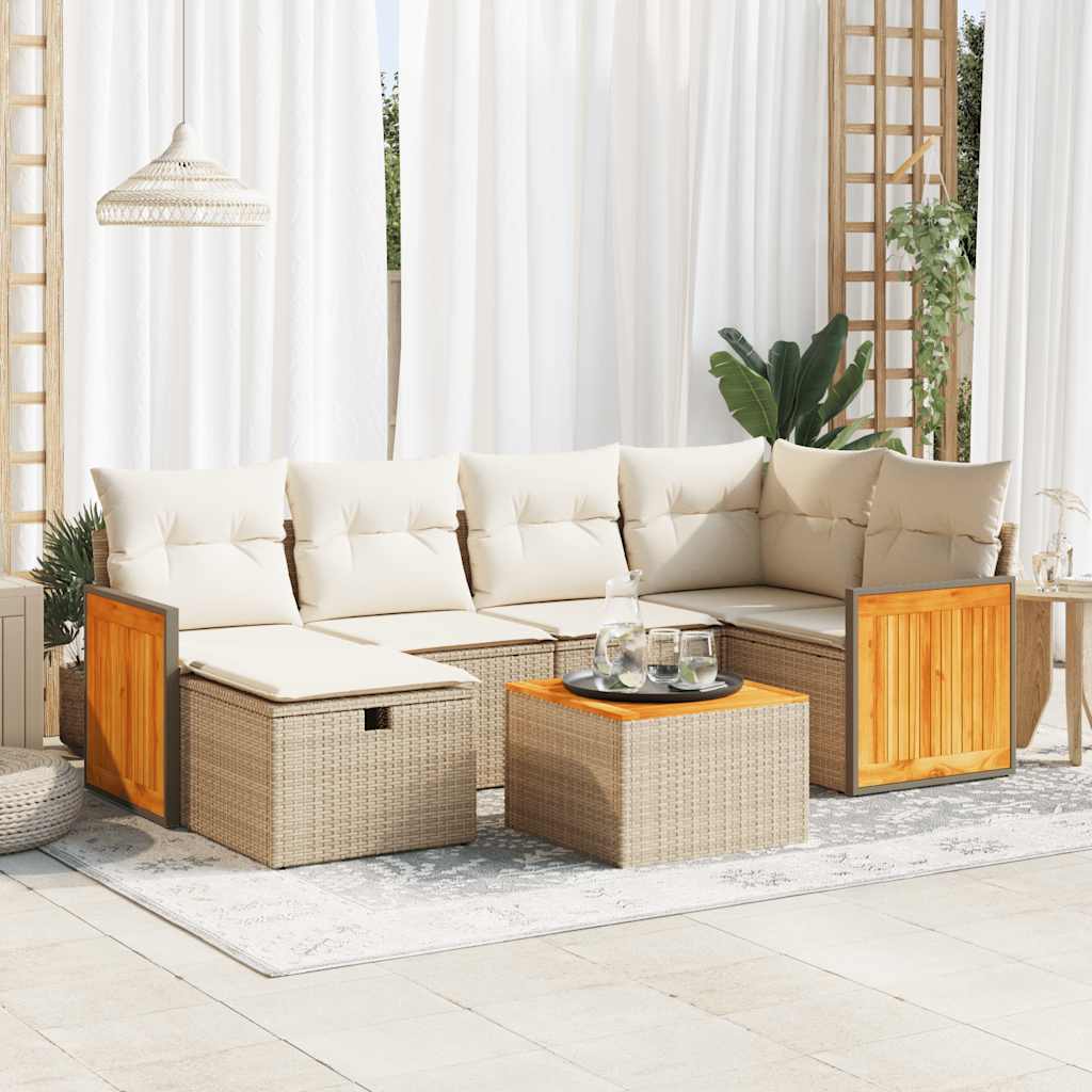 Set Divani da Giardino 7 pz con Cuscini Beige in Polyrattan