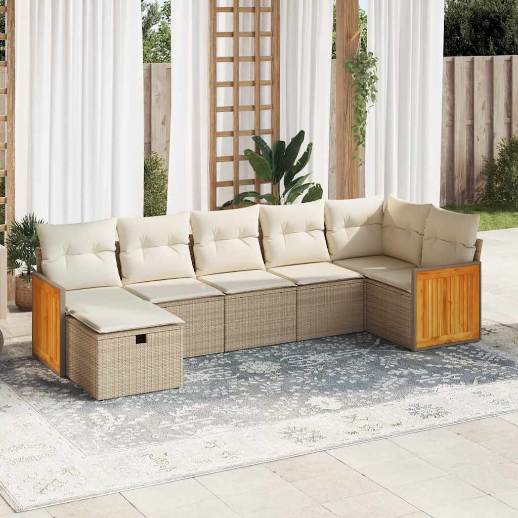 Set Divani da Giardino 7 pz con Cuscini Beige in Polyrattan