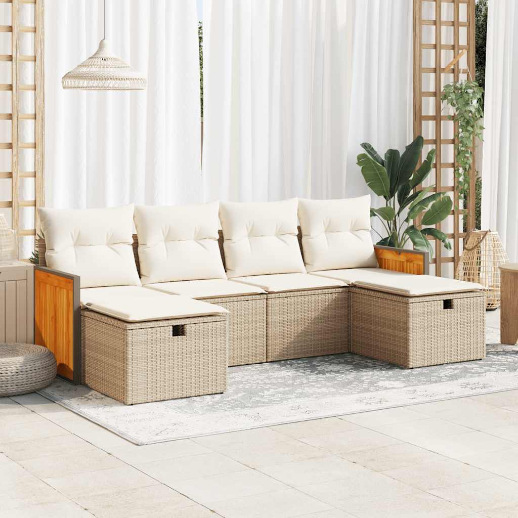 Set Divano da Giardino 6 pz con Cuscini Beige in Polyrattan