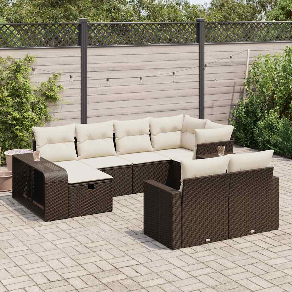 Set Divani da Giardino 10pz con Cuscini in Polyrattan Marrone