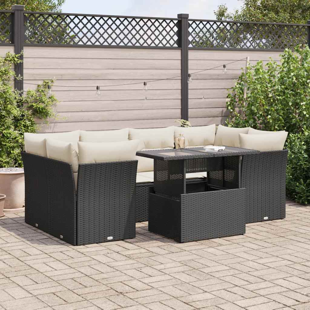 Set Divani da Giardino con Cuscini 7pz Nero Polyrattan