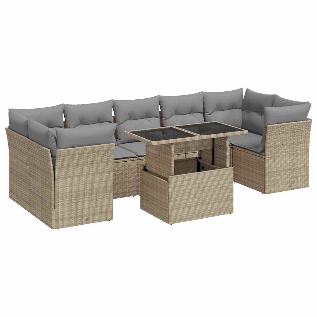 Set Divano da Giardino 8 pz con Cuscini Beige in Polyrattan