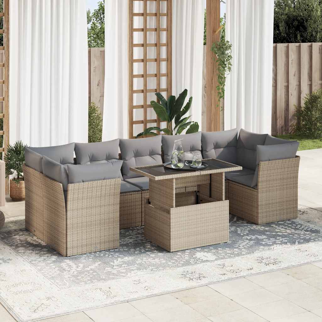 Set Divano da Giardino 8 pz con Cuscini Beige in Polyrattan