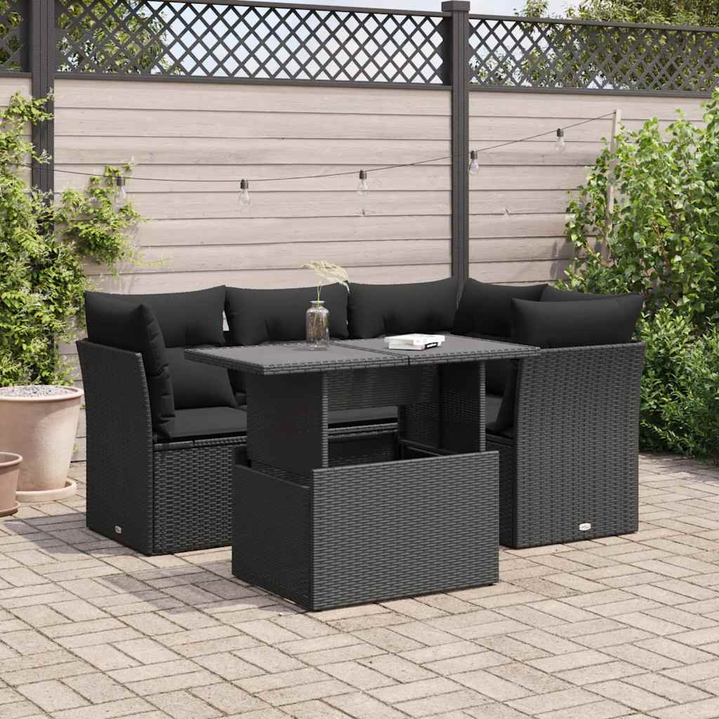 Set Divani da Giardino 5 pz con Cuscini in Polyrattan Nero