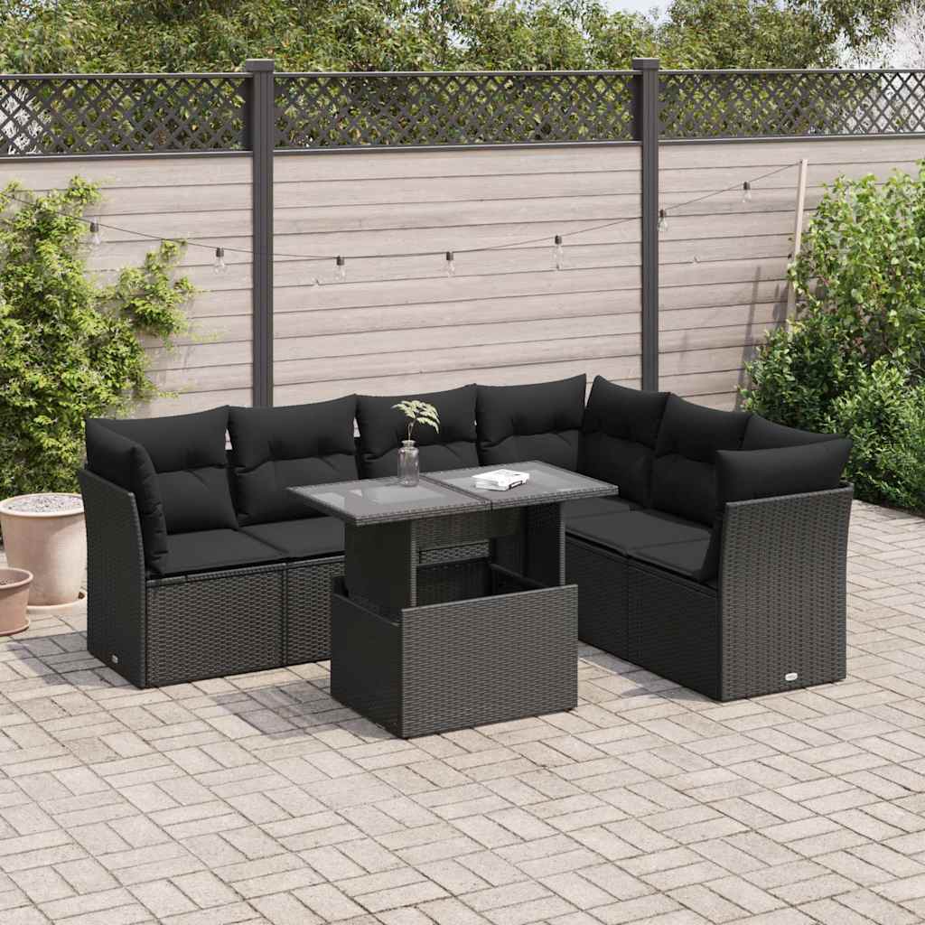 Set Divani da Giardino con Cuscini 7pz Nero Polyrattan