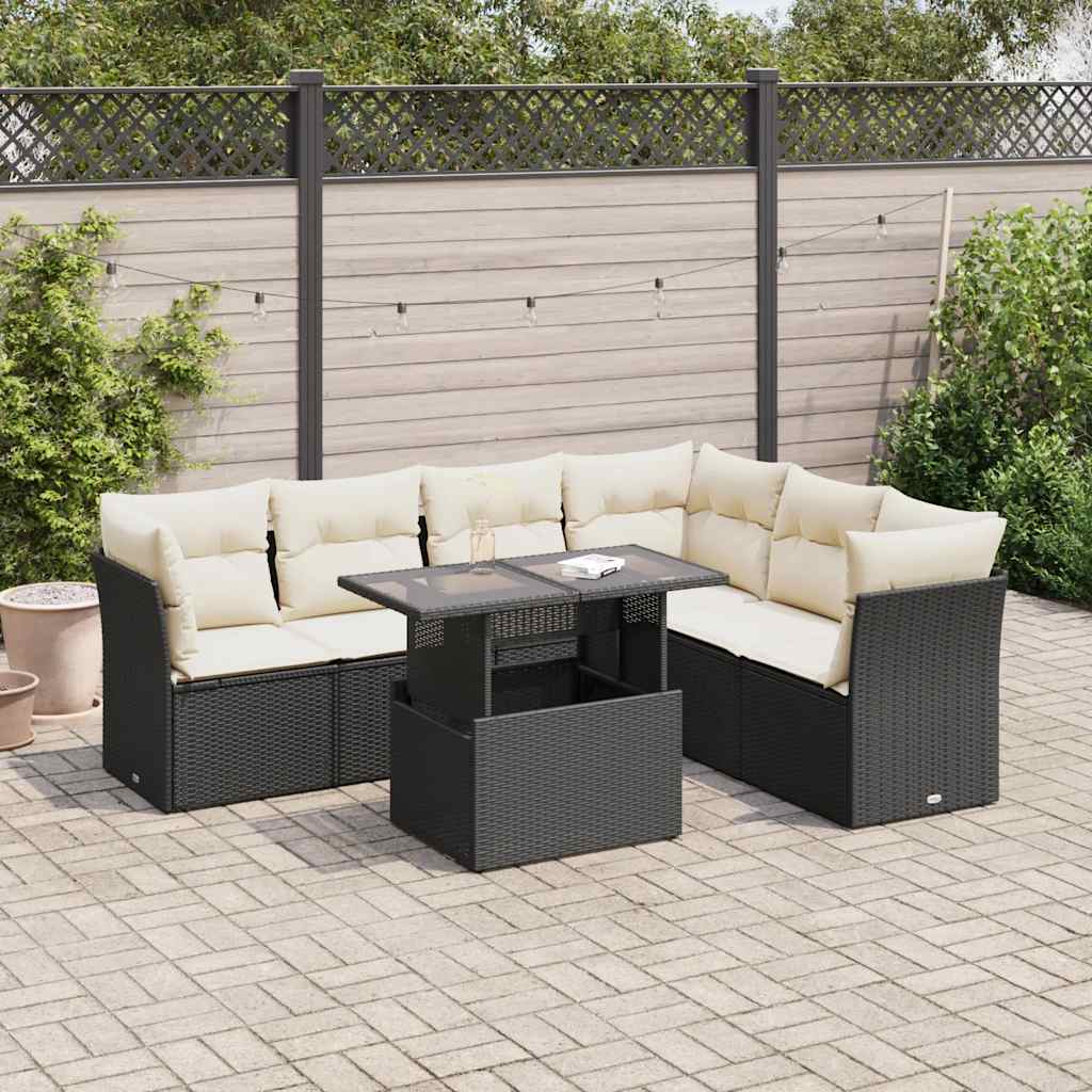 Set Divani da Giardino con Cuscini 7pz Nero Polyrattan