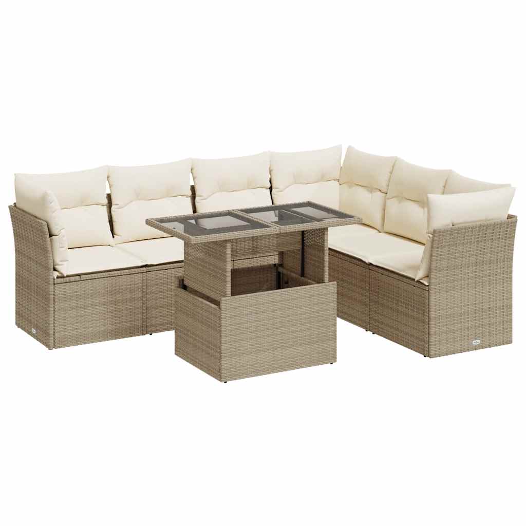 Set Divani da Giardino 7 pz con Cuscini Beige in Polyrattan