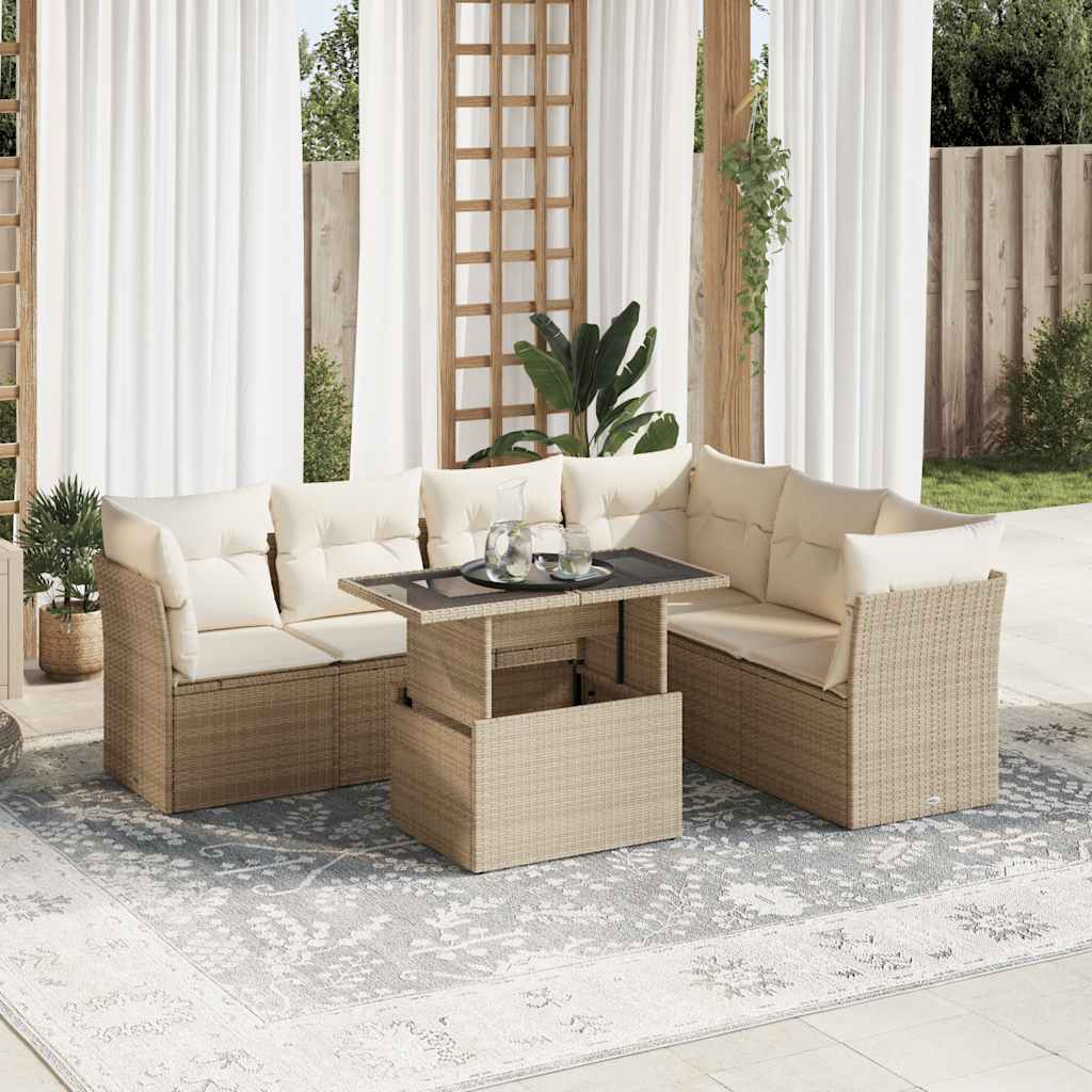 Set Divani da Giardino 7 pz con Cuscini Beige in Polyrattan