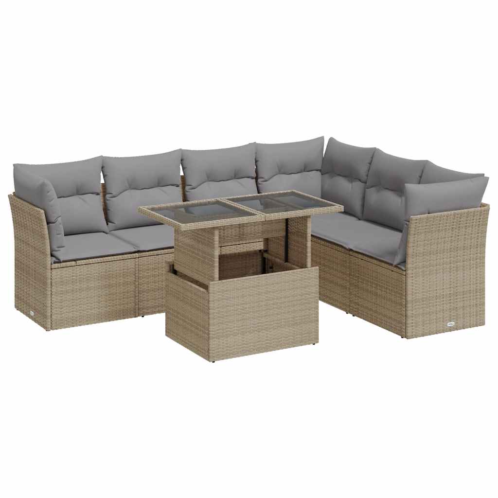 Set Divani da Giardino 7 pz con Cuscini Beige in Polyrattan