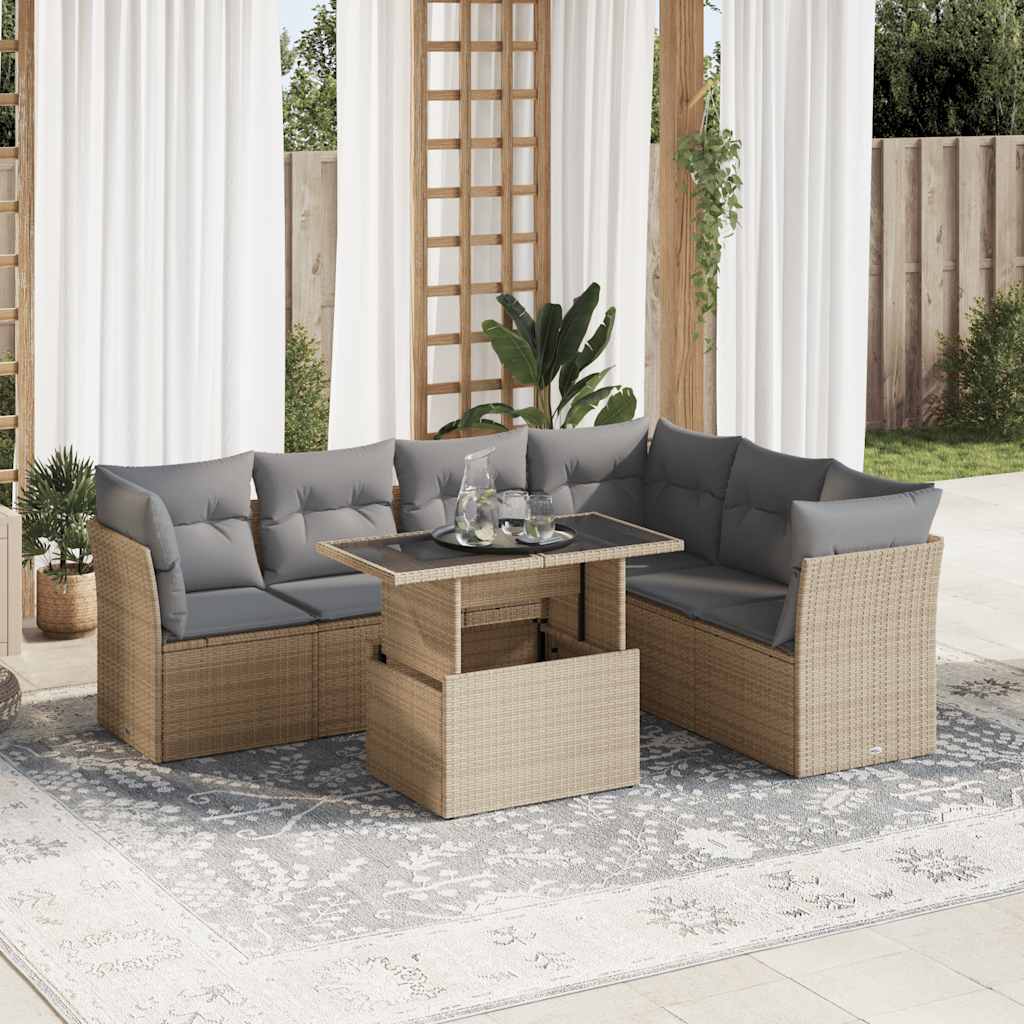 Set Divani da Giardino 7 pz con Cuscini Beige in Polyrattan