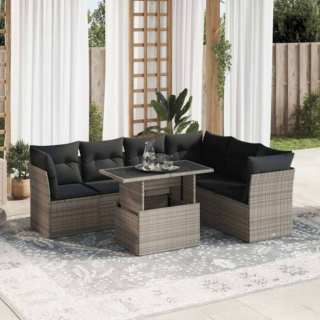 Set Divani da Giardino 7 pz con Cuscini Grigio in Polyrattan