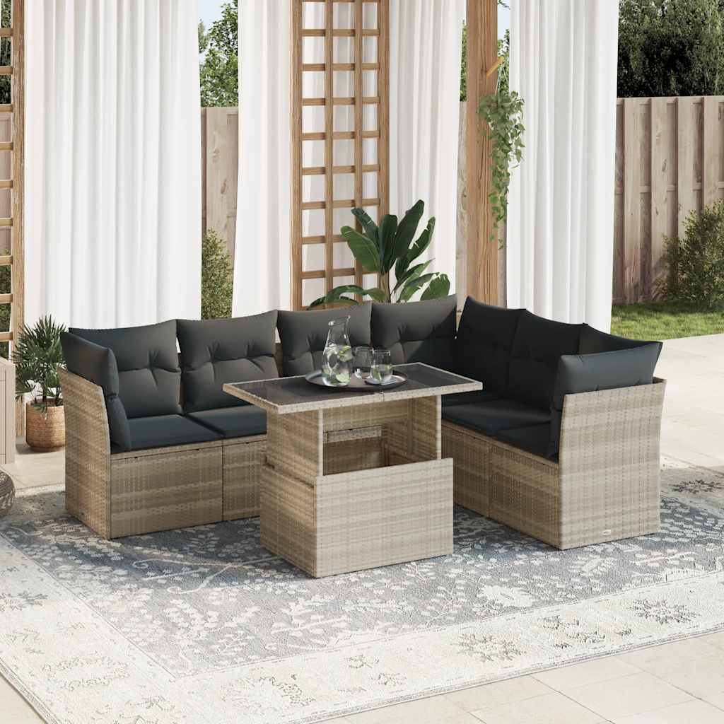 Set Divani da Giardino 7pz con Cuscini Grigio Chiaro Polyrattan