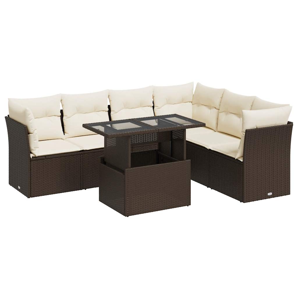 Set Divani da Giardino 7 pz con Cuscini Marrone in Polyrattan